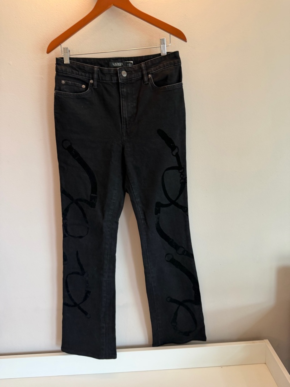 Lauren Ralph Lauren Black Flocked Equestrian Bit Straight Leg Jeans Womens 8